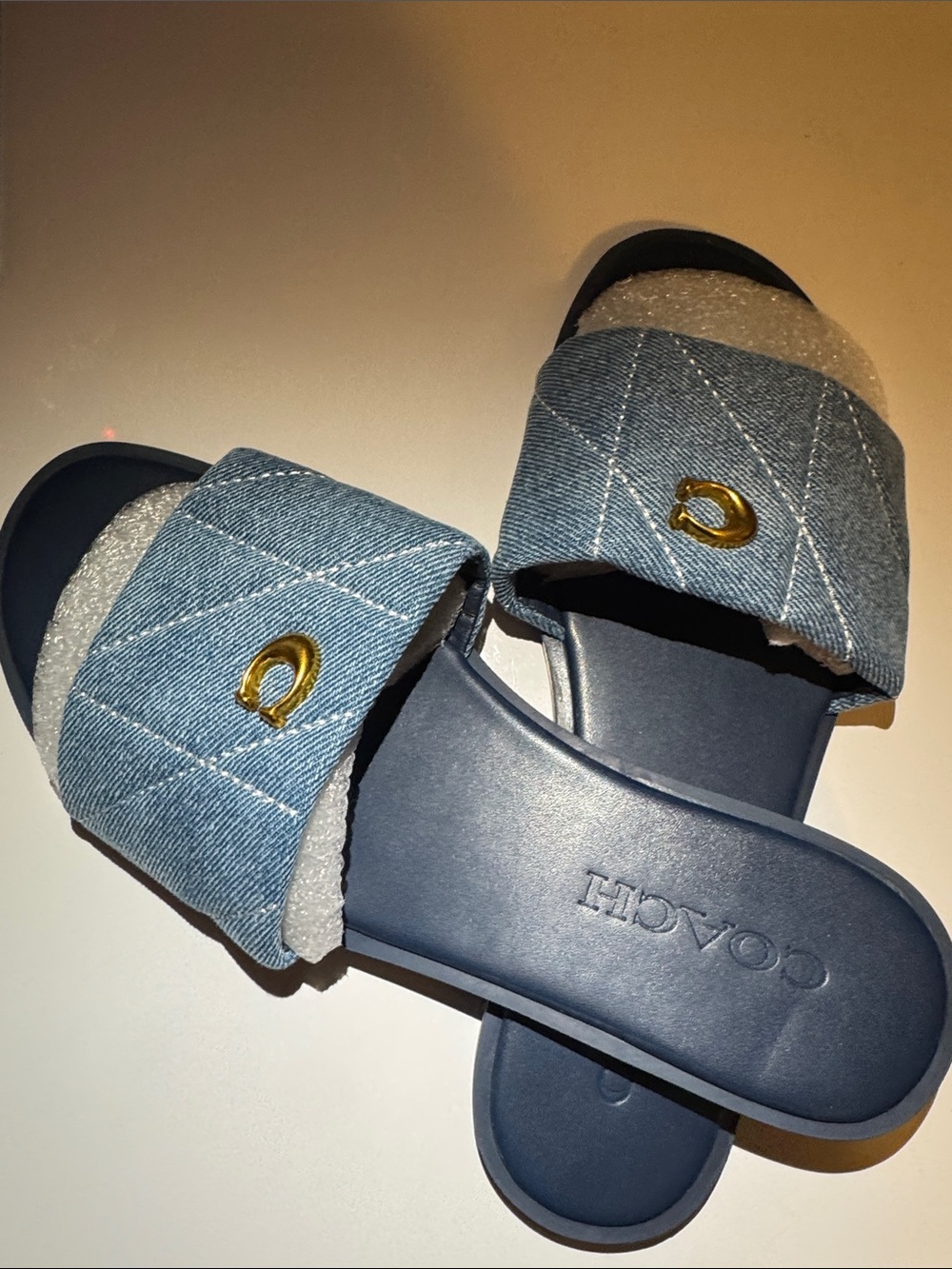 Coach Quilted Light Blue Denim Slide Sandals with Navy Footbed